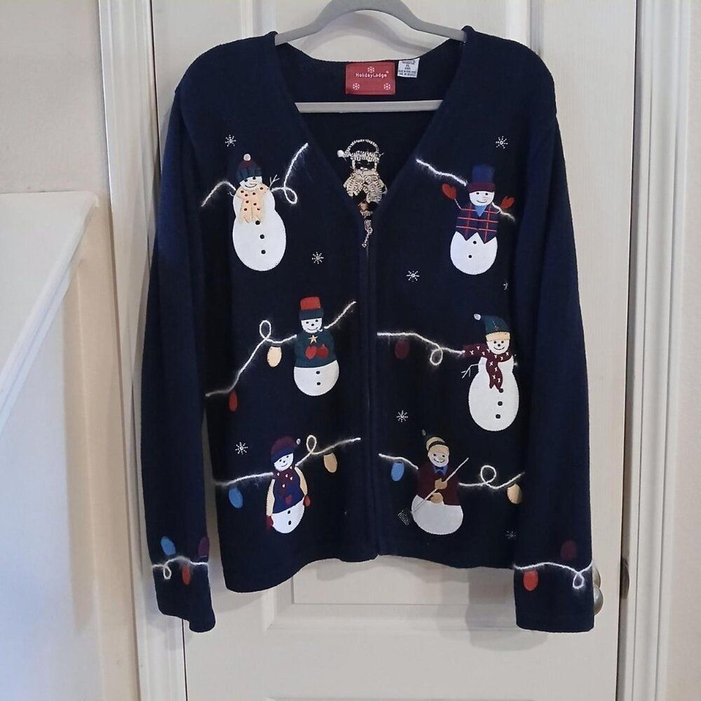 Vintage cotton ramie knit snowman Christmas lights zip up cardigan XL